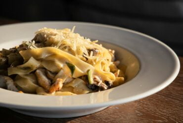 pasta dish on white ceramic plate